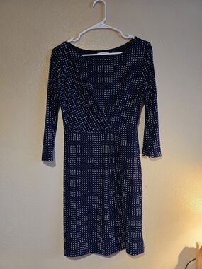 Navy Blue Polka Dot Wrap-Style Midi Dress